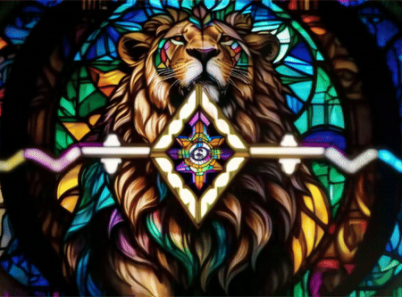 A stained glass lion with Kibernacia logo